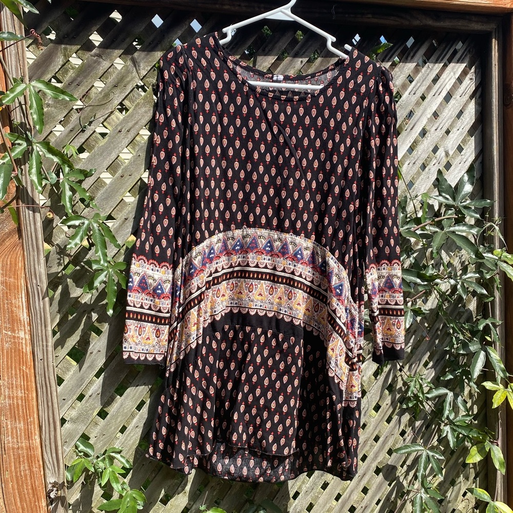 Black Aztec Multicolor Long Sleeve A-Line Tunic
